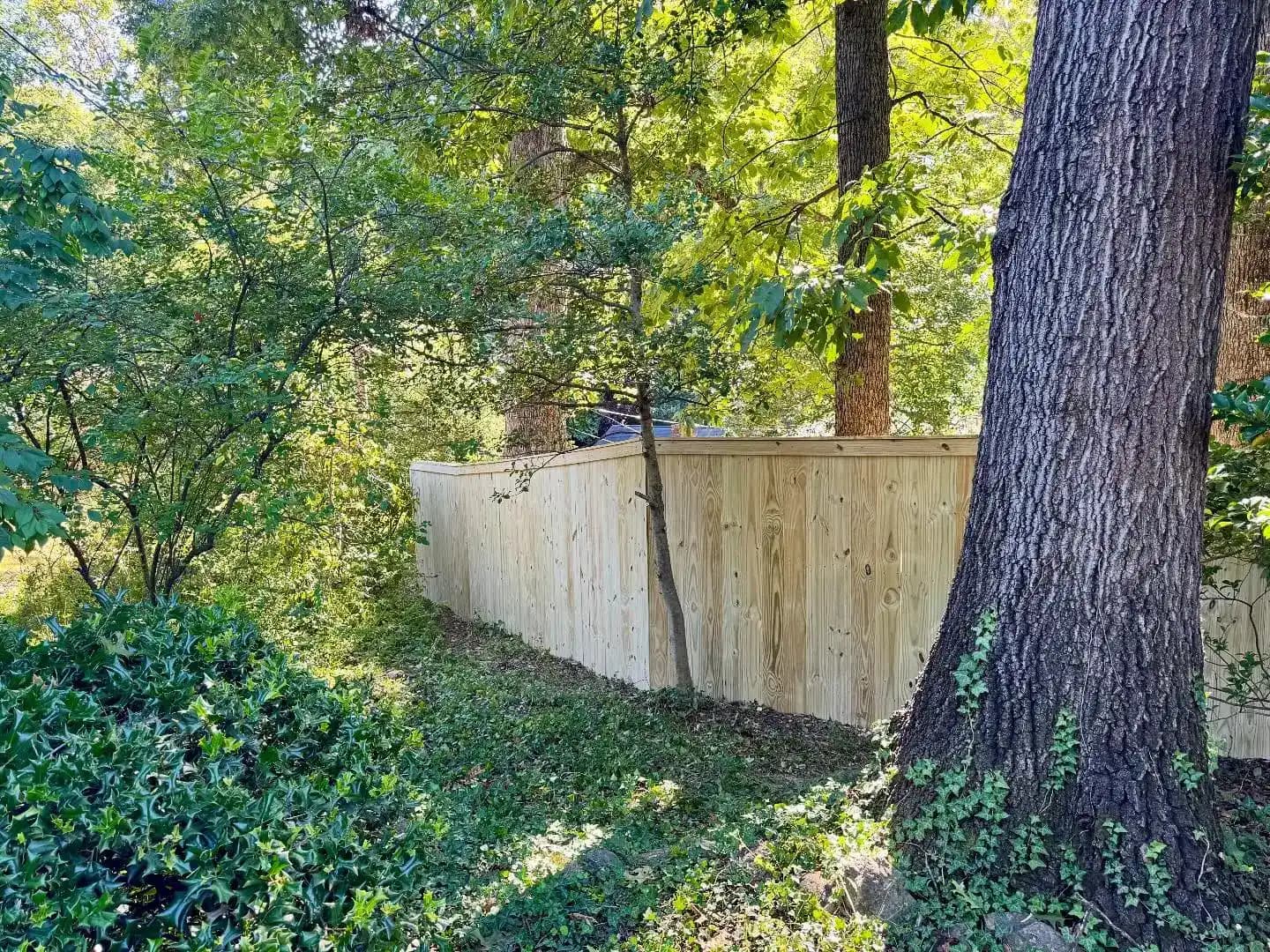 Custom wood cap-and-trim privacy fence following the landscape in South Roanoke, VA