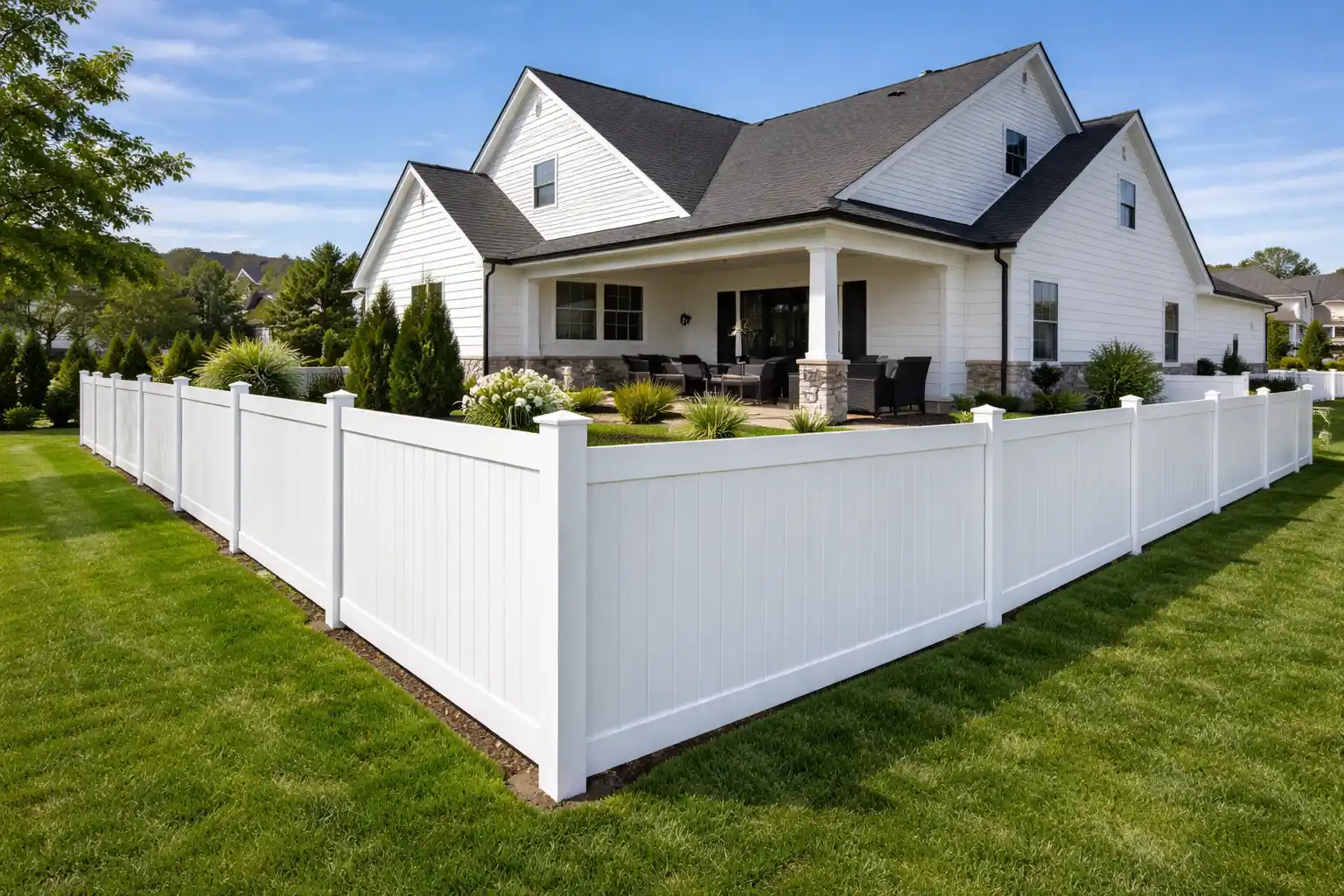 Private back yard white vinyl fence